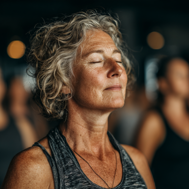 Літня жінка практикує йогу на свіжому повітрі